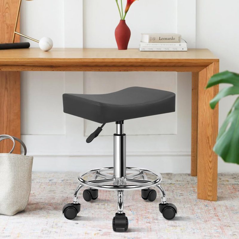 Tabouret carré à roulettes avec repose-pieds et pivotant sur 360 °, 25"