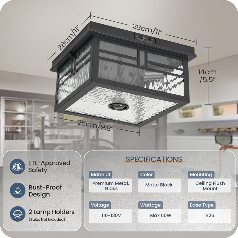 2-light Outdoor Flush Mount Fixture Motion Sensor Ceiling Light With Ripple Glass
