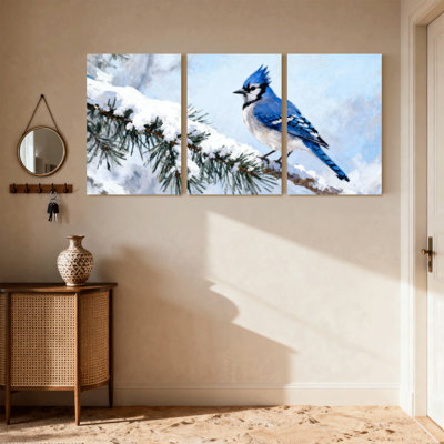 «Birds Jay on Snowy Branch Winter Scene», ensemble de 3 impressions d'art sur toile