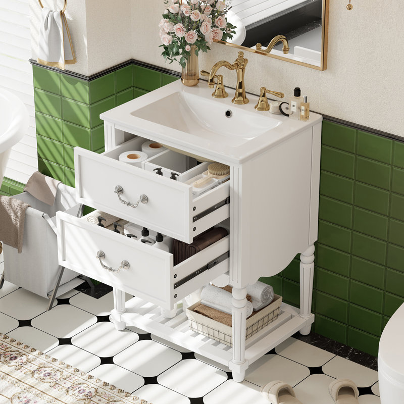 Meuble-lavabo autoportant de 24 po avec lavabo en céramique Velthorix, 2 tiroirs à fermeture en douceur et tablette ouverte