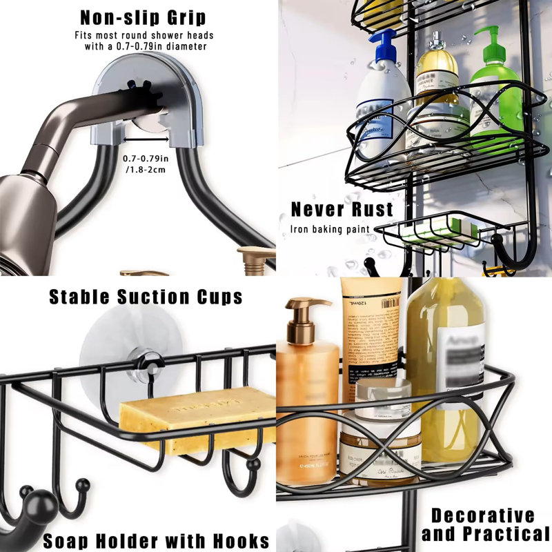 No Drilling Rustproof Shower Shelf Rack Over Shower Head With Shampoo Soap Holders