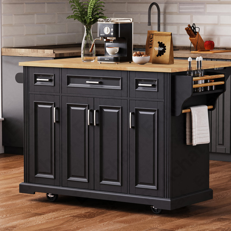 54Inch Large Kitchen Island With Rubber Wood Drop Leaf, Embossed Texture Rolling Kitchen Cart On 4 Wheels With 4 Doors And 3 Drawers, Kitchen Island With Storage For Kitchen, Dining Room,Black