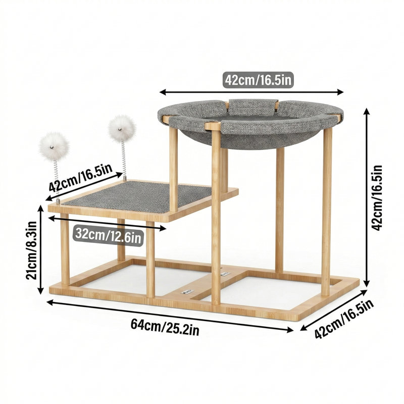 Lit hamac pour chat surélevé à 2 niveaux avec 2 teasers, meubles pour chat en bois avec tapis à gratter, lit double pour chat en forme d'escalier pour l'escalade de chatons d'intérieur