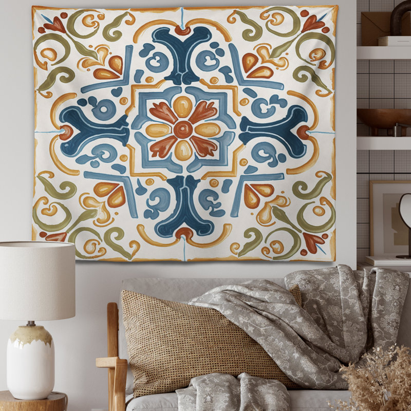 Carreaux de polyester méditerranéen en tapisserie rétro bleu II avec punaises, H 32 po x l 39 po