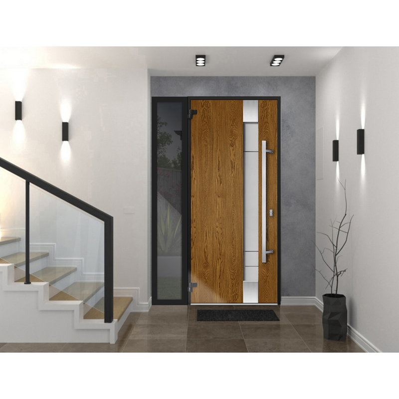 Porte d'entrée extérieure prémontée en acier Deux 1713 Chêne naturel, fenêtre latérale extérieure noire, inserts en acier inoxydable, style moderne, peinte - L 36 + 14 x H 80 - Ouverture à droite vers l'intérieur