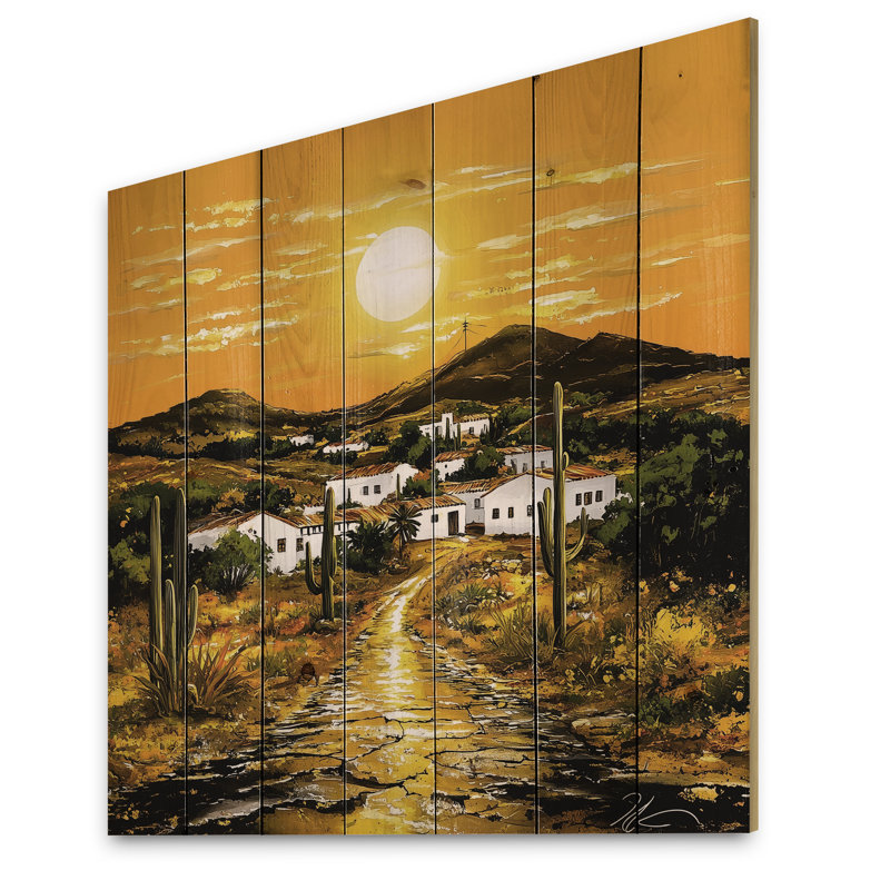 Mexican Village At Sunset - Desert Landscape Wood Wall Art On Natural Pine Wood, 15" H x 15" W