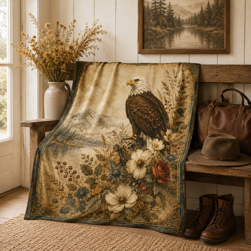 Couverture vintage à motif d'aigle et paysage de montagne fleuri, jeté rustique en flanelle orné d'une illustration animalière, idéal pour canapé, lit ou chalet, 101,6 x 127 cm