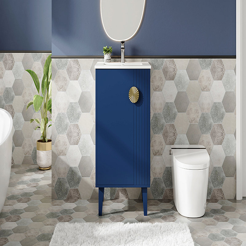 20-Inch Bathroom Vanity With Ceramic Sink, Freestanding Single Vanity Set With Soft Closing Door, Chic Half-Moon Pulls, French Style, Blue