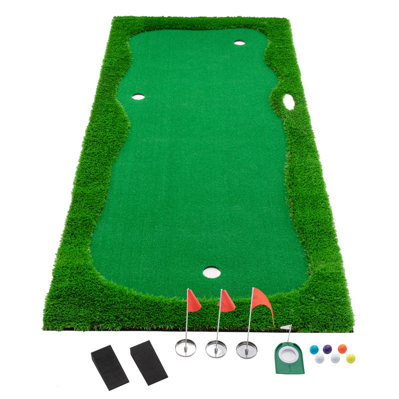 Tapis de golf de 12 x 5 pi, intérieur/extérieur, avec gazon synthétique de haute qualité, 3 trous, 3 drapeaux et 3 coupes.