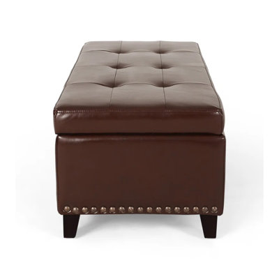 51-Inch Storage Ottoman Bench with Tufted Leather Upholstery and Nailhead Trim, Chestnut