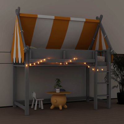 Wooden Loft Bed Incorporating Canopy, LED String Accents & Front Bookshelf Showcase, Bed With Spacious Underneath Area