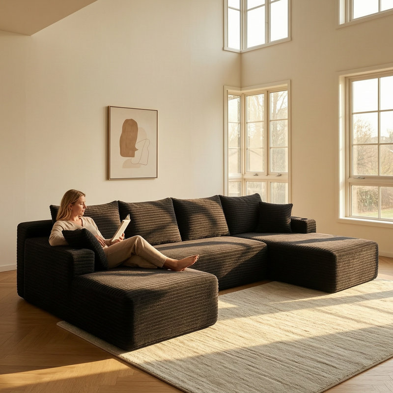 Canapé modulaire en velours côtelé 134 po, Velours côtelé gris