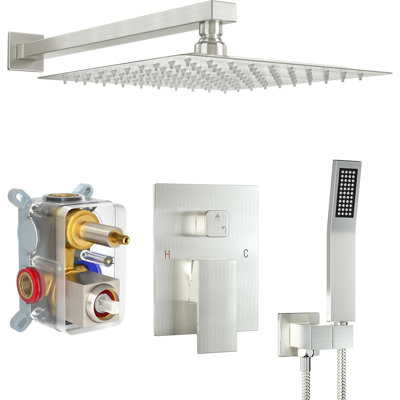 12 Inch Rainfall Shower System With Square Fixed Shower Head And High Pressure Handheld Shower, Wall Mounted Brushed Nickel Shower Faucet Set - Cupc Certified