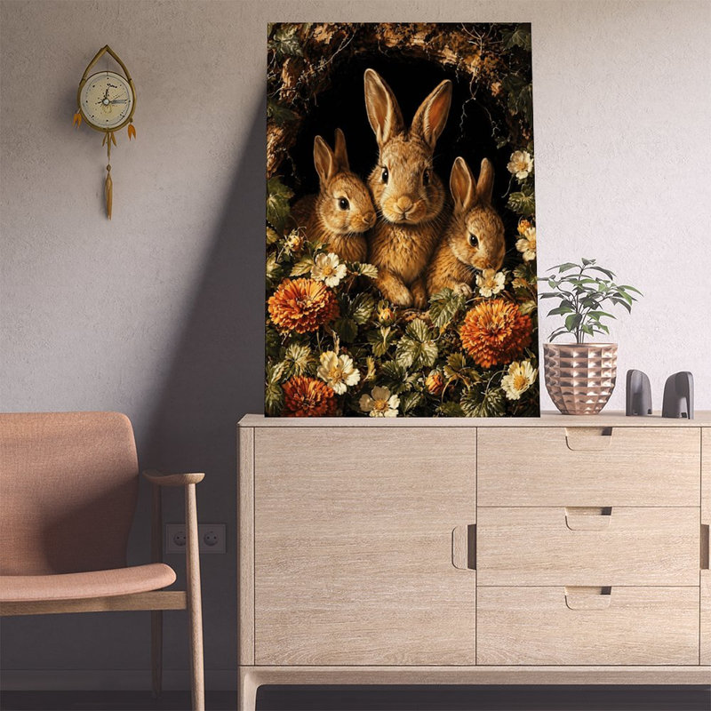Toile, art mural, trois lapins dans un trou de jardin de fleurs, impression sur affiche rétro, décoration intérieure