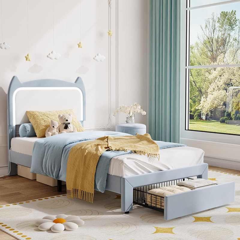 Lit simple pour enfant - DEL bleue, velours, tiroir de rangement, Bleu, Simple