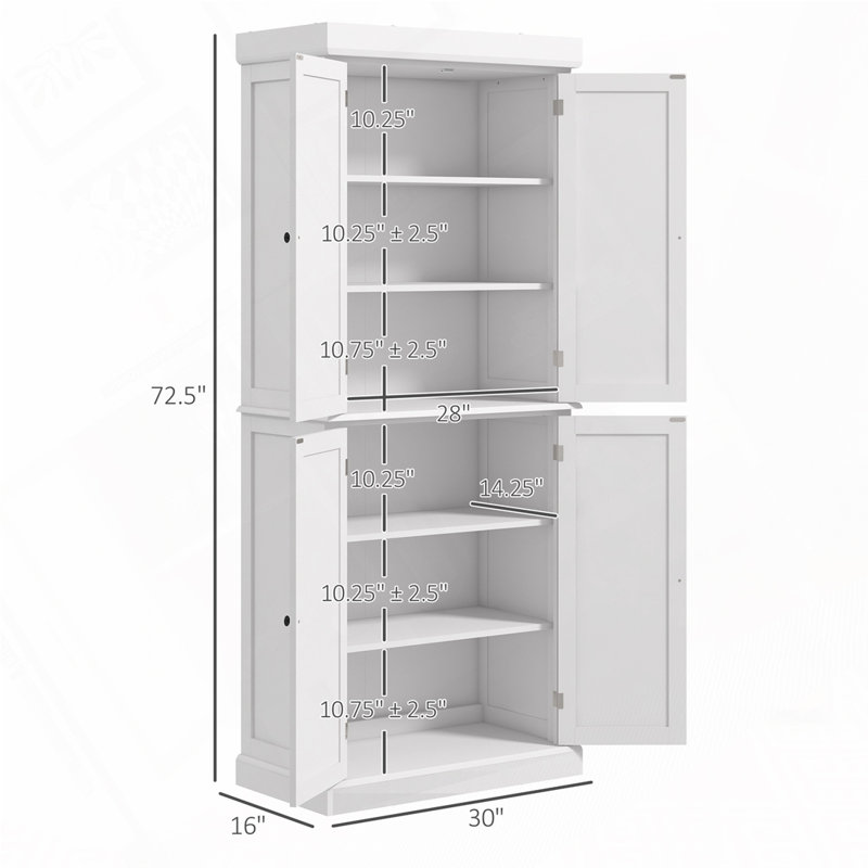 Armoire de rangement pour garde-manger avec 4 portes et tablettes réglables, Blanc
