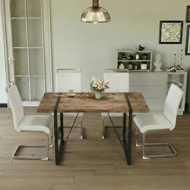Modern Farmhouse 5-piece Dining Set With Rectangular Table & 4 Pu Leather Chairs, White/Silver