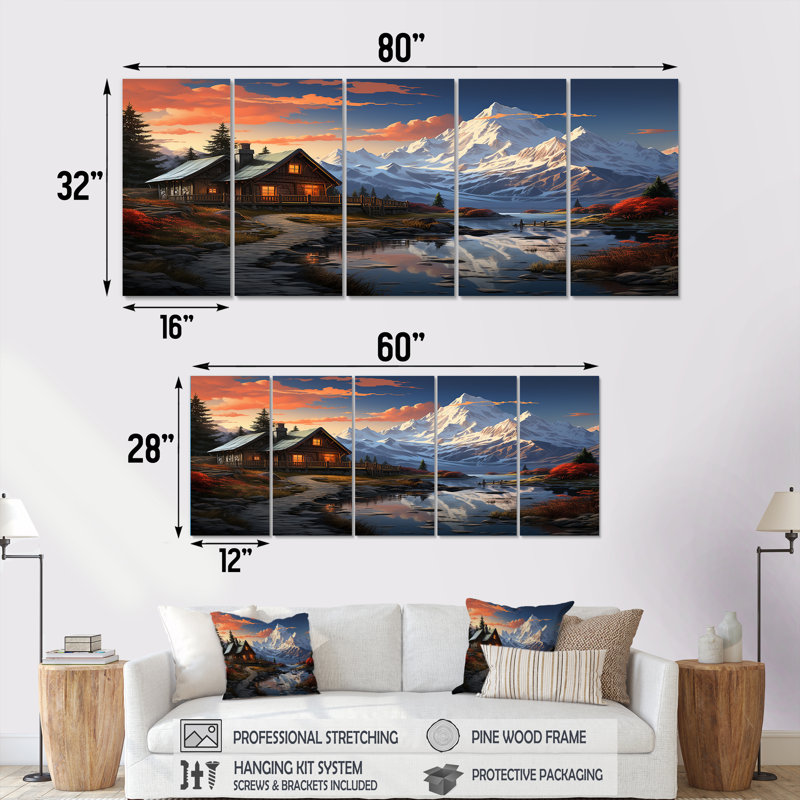 European Winter Cottage Retreat - Paysage d'hiver, ensemble de 5 pièces d'art mural, H 32 po x l 80 po