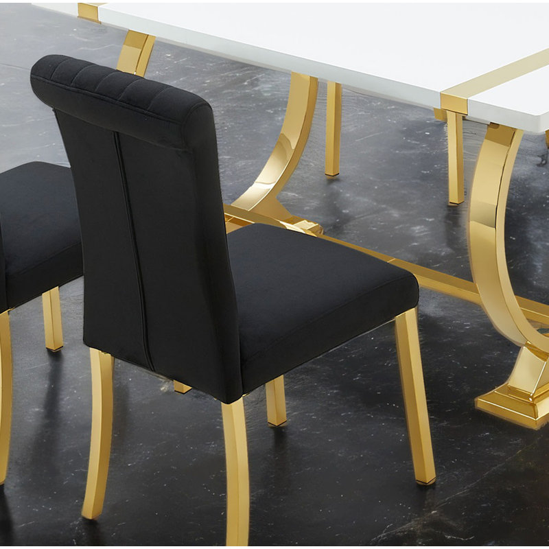 Chaise d'appoint de style contemporain 2 pièces avec dossier capitonné et dossier en acier inoxydable avec base en tréteaux et finition noire