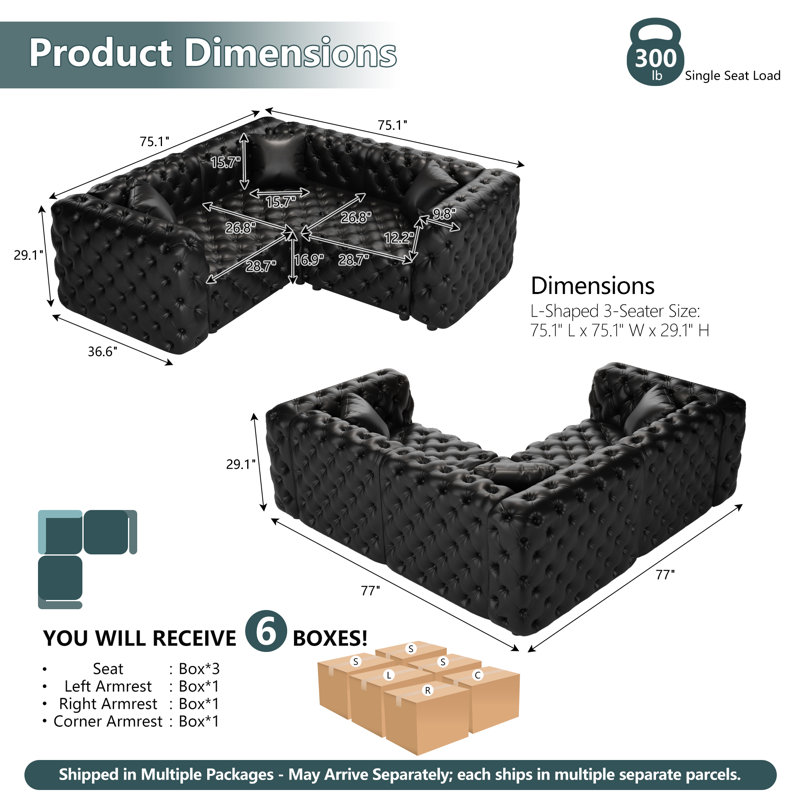 Canapé Chesterfield modulaire en forme de L 75,1 po, canapé modulaire 3 places, canapé modulaire avec 3 coussins, 3, Noir