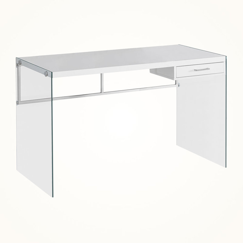 Bureau d'ordinateur à finition blanche avec pieds en verre trempé Lizzie, H 29,46 po x l 47,14 po x P 23,49 po