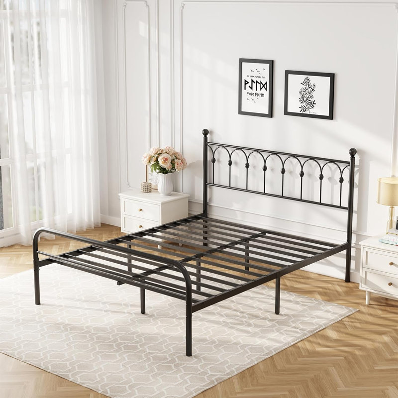 Metal Bed Frame with Headboard & Footboard, Industrial Platform Bed with Storage, No Box Spring Needed, Queen, Black