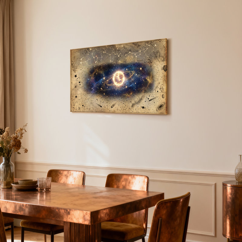 Ensemble d'une toile tendue représentant une carte des nébuleuses et des constellations, H 12 po x l 18 po