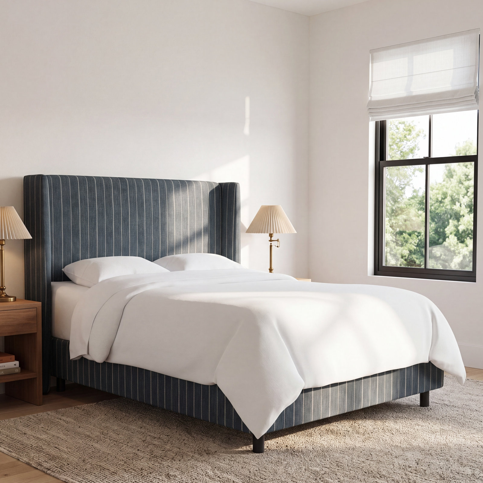 Tilly Upholstered Wingback Bed, King, Fritz Indigo Stripe