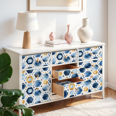 Peel and Stick Wallpaper Contact Paper Geometric abstraction hexagons blue gold elements Fresco for interior Self Adhesive and Removable 17.7in x 118in(45x300cm)