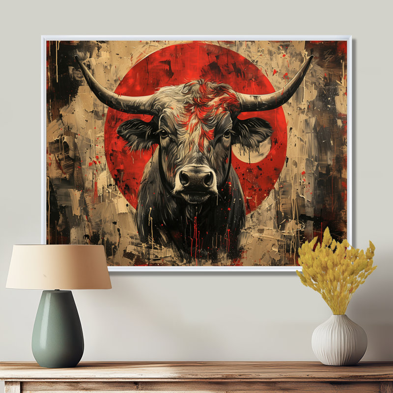Taureau rouge, astrologie, taureaux courages - bovins, art mural, H 12 po x l 20 po, Cadre flottant blanc