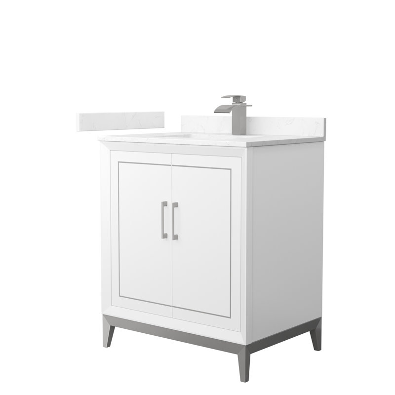 Ensemble de meuble-lavabo simple 30 po Marlena, Marbre de culture de Carrare, Blanc, Nickel brossé