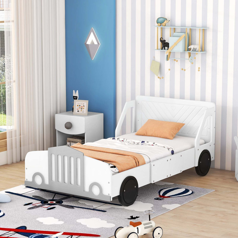 Lit plateforme en forme de voiture avec roulettes, Lit simple, Blanc