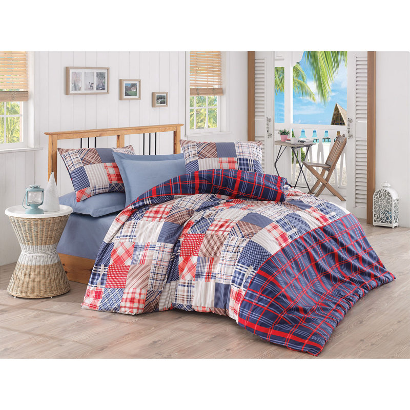 Ensemble de housse de courtepointe 100% coton Ranforce, bleu / rouge / brun | Housse de couette 78,7 po x 86,6 po, drap plat 94,5 po x 102,4 po, 2 taies d'oreiller 19,7 po x 27,6 po | Lavable à la machine, fermeture à boutons, impression élégante de pigments