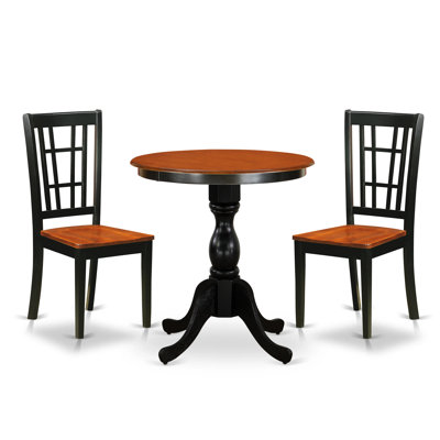 3 Piece Dining Room Furniture Set Contains a Round Dining Table with Pedestal and 2 Wood Seat Chairs, Black & Cherry