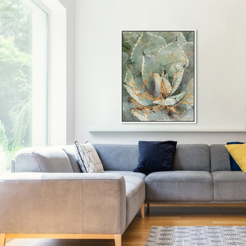 Reproduction d’art graphique sur toile tendue « golden succulent », Cadre blanc, H 36 po x l 45 po