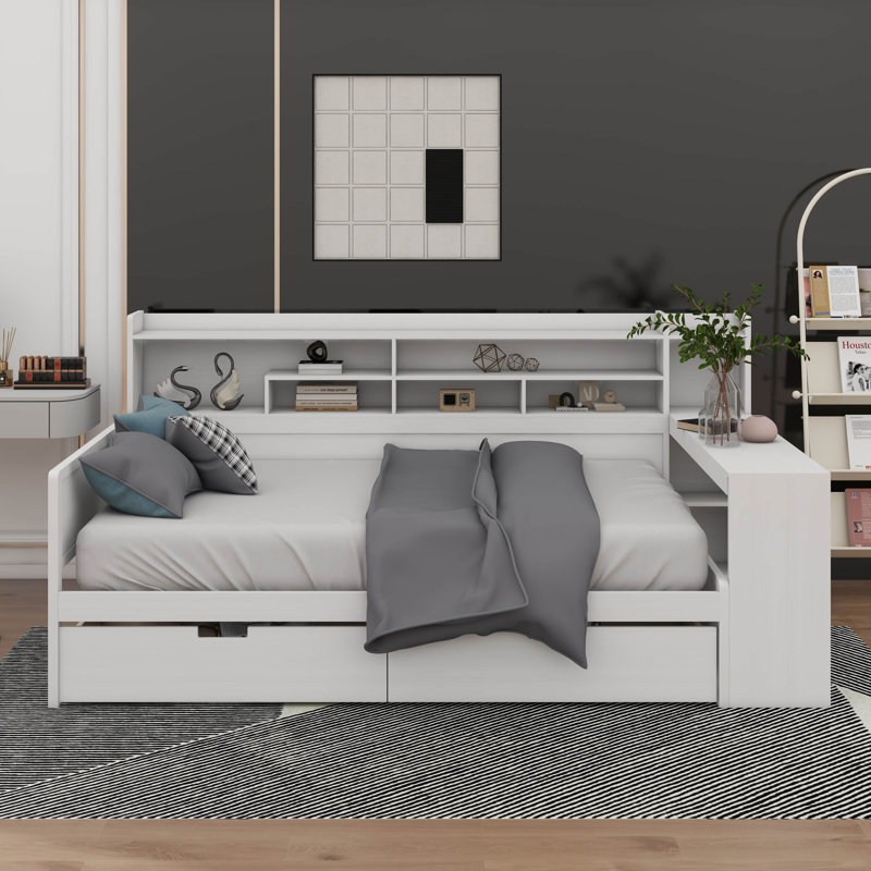 Lit de jour double avec tablettes de rangement, lit multifonctionnel avec deux tiroirs de rangement, Blanc antique