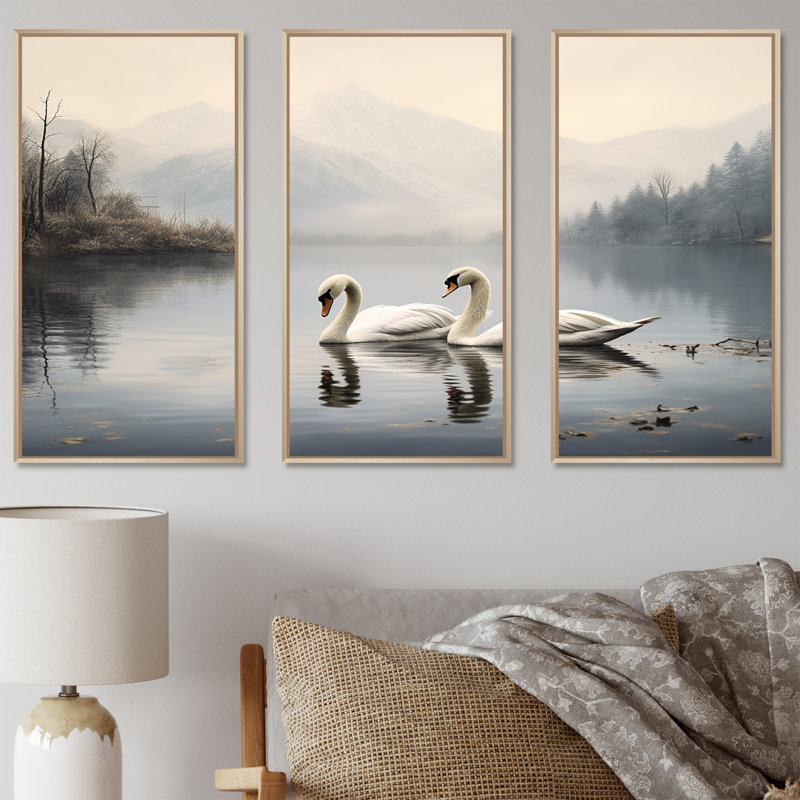 The Swans Odyssey - Ensemble de décoration murale animaux cygnes, Cadre naturel flottant, H 32 po x l 48 po x P 1 po