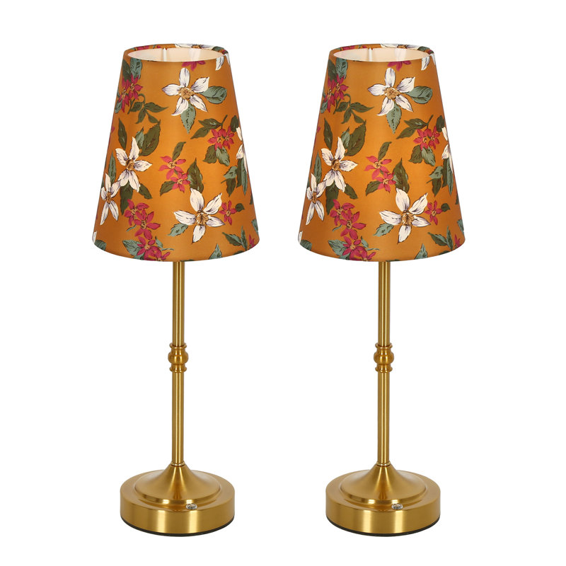 Lampe de table rechargeable de style transitionnel avec tissu floral conique pour locations de vacances design (lot de 2)