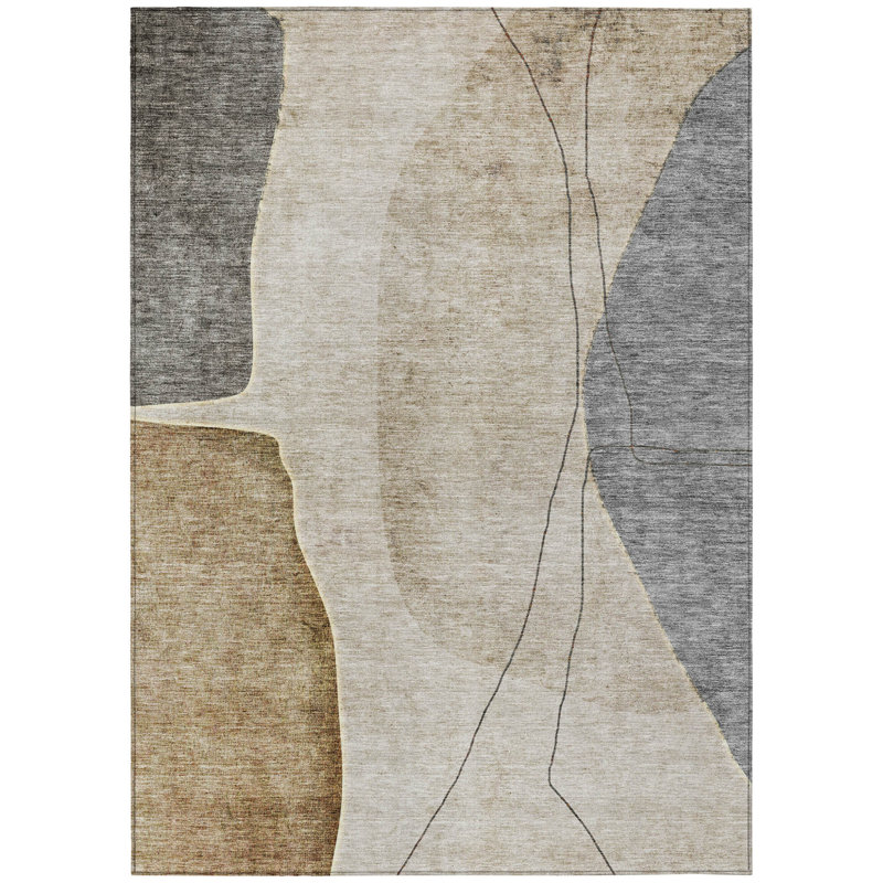 3' X 5' Taupe Beige And Gray Abstract Washable Indoor Outdoor Area Rug