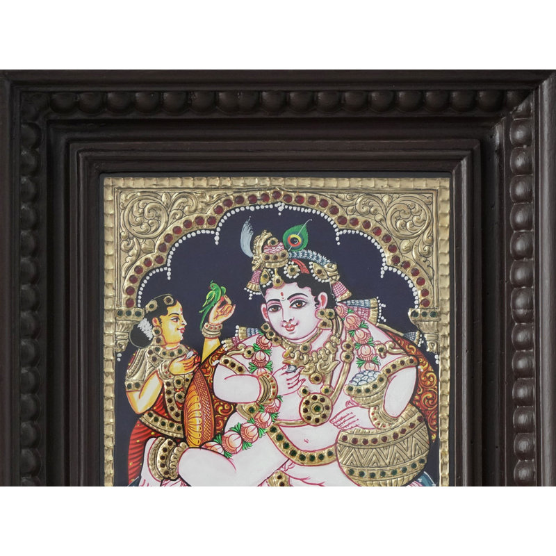 Krishna au beurre de Tanjore peignant des couleurs traditionnelles avec de l'or 24 carats | Avec cadre