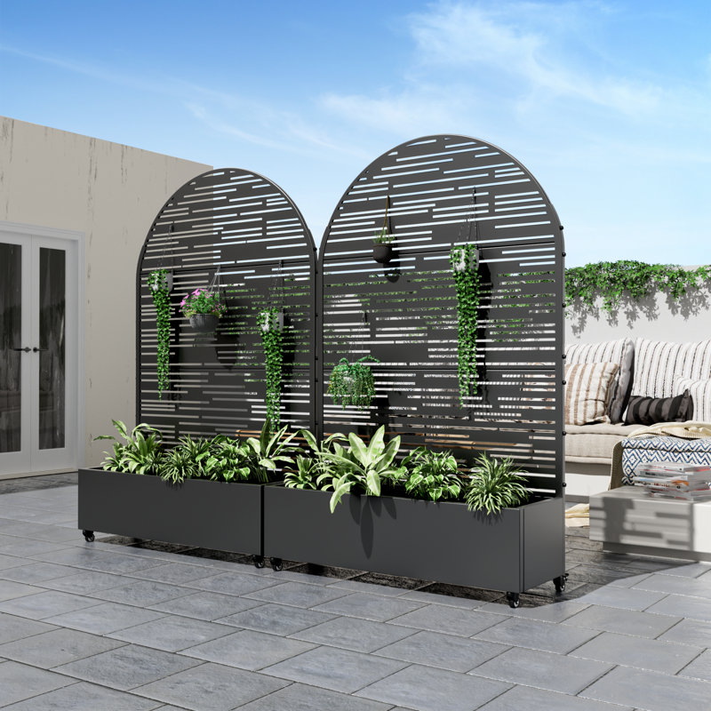 Arch Metal Planter Box with Trellis with Wheels, 72" H x 47" W x 16" D