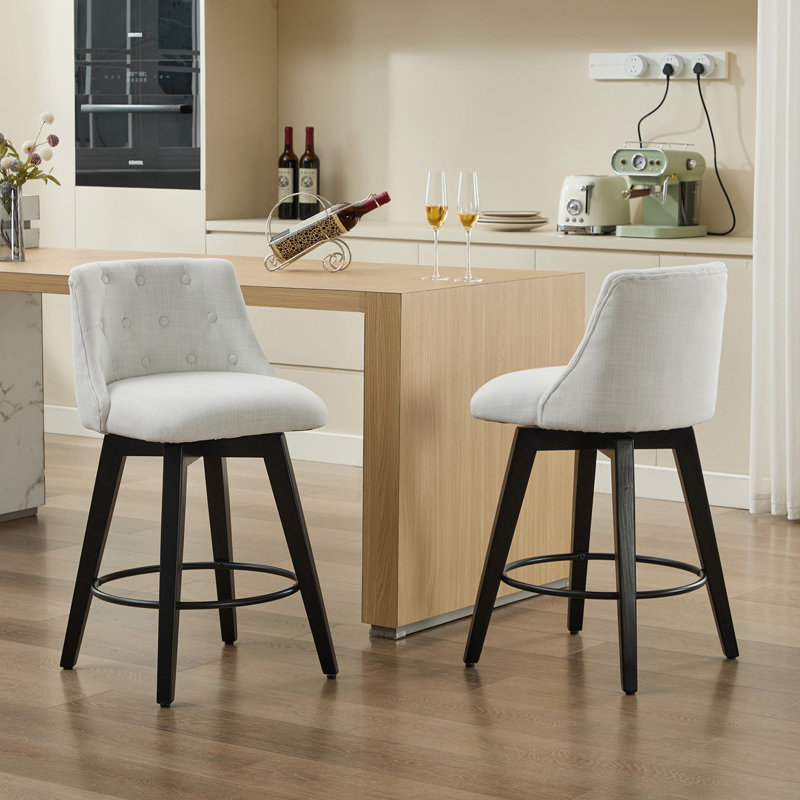 Set of 2 Swivel Linen Upholstered Bar Stools with Tufted Backrest, White