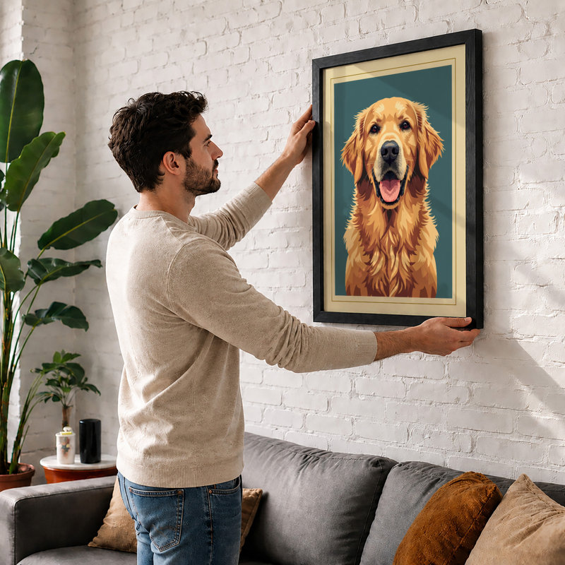 Golden Retriever Portrait Modern - Framed Print, A4 - 29.7 x 21.0 cm, Black