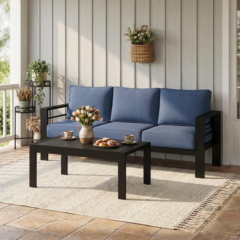 Ensemble de conversation pour l'extérieur en aluminium avec coussins 3 personnes, 2 Pcs: Coffee Table, Sofa, Bleu, Black