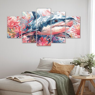 Pink Grey Hunting Shark Watercolor II - Shark Wall Art Print Set