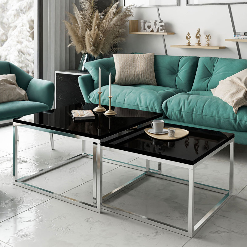 2-piece coffee table set Ahlers, Gloss Black/Silver, 42cm H x 70cm L x 70cm W