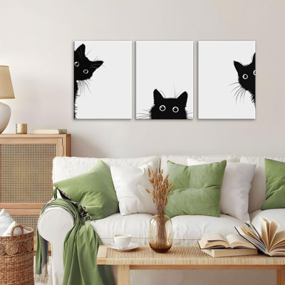 3 pièces, art mural drôle de chat noir pour la chambre de bébé