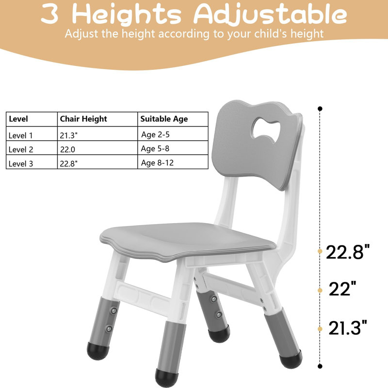 Chaises pour enfants 10,6 po / 11,4 po / 12,2 po à 3 niveaux réglables à 2 niveaux, dossier ergonomique, pieds antidérapants, chaises empilables en polypropylène certifiées CEP pour la classe résidentielle, gris
