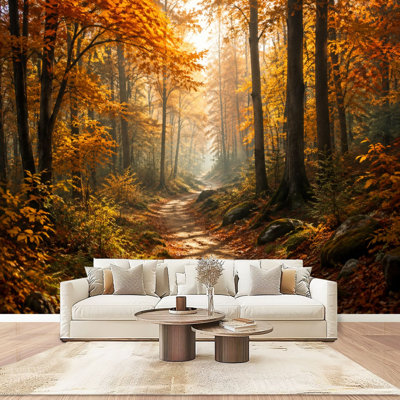 Papier peint mural autocollant « Chemin forestier d'automne », filtre la lumière du soleil et feuilles dorées. Décoration murale moderne pour chambre ou salon, 175 cm x 244 cm