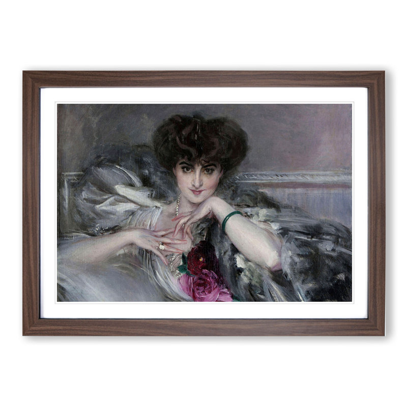 Portrait of Woman with Roses by Giovanni Boldini - Framed Print, 36cm H x 48cm W x 2cm D, Walnut Framed